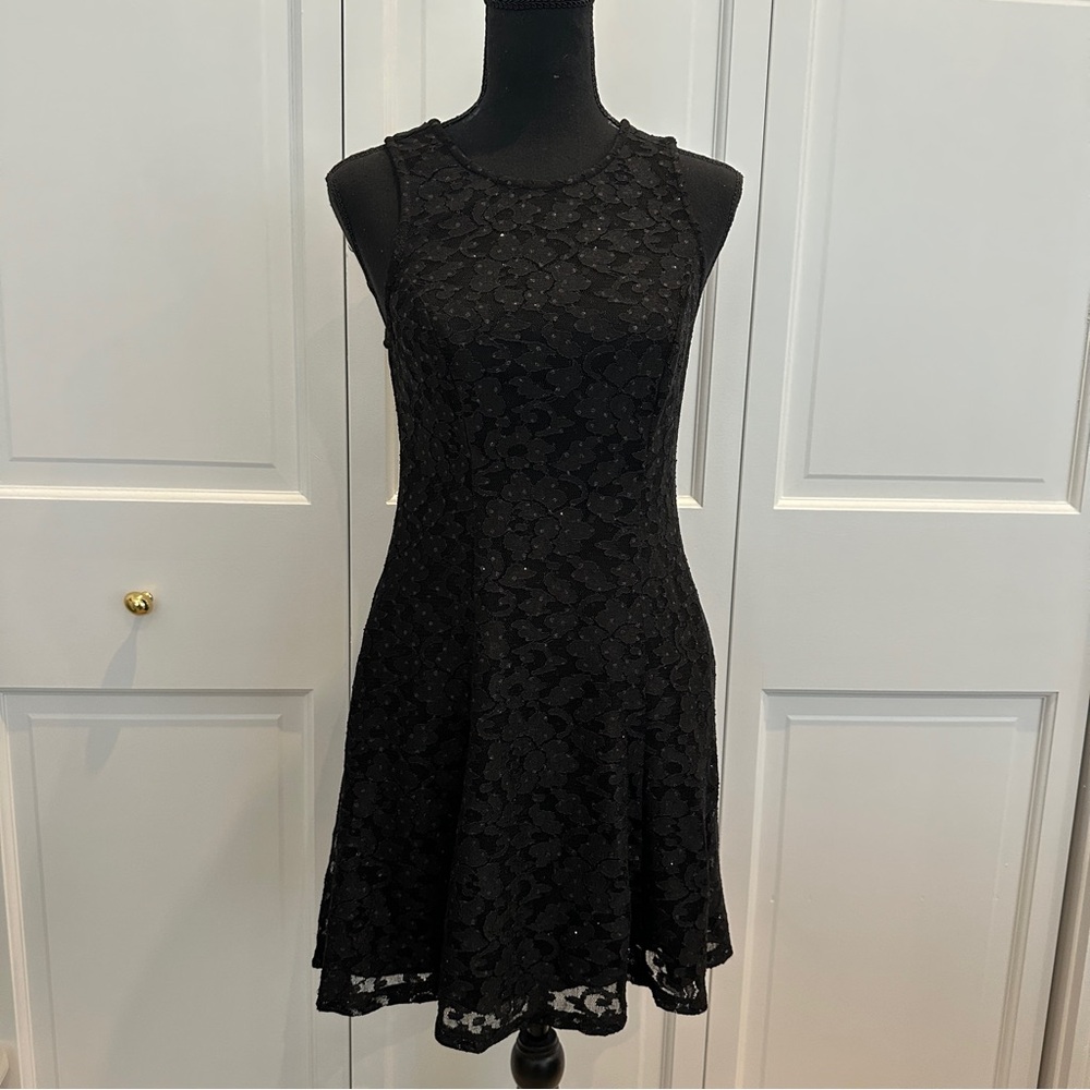 Speechless Black Lace Mini Dress with Glitter a Tie Back
